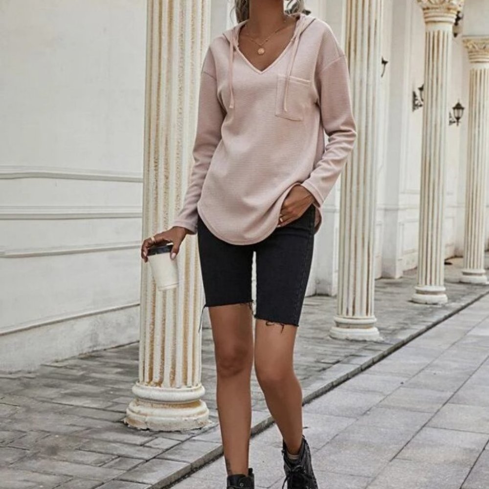 Comfy Curved Hem Drop Shoulder Drawstring Hoodie Top light apricot blush - Picture 8 of 8